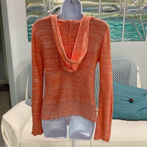 Hooked Up by lOT Peach Mal Open Knit V-Neck Hooded Sweater Size Small - Picture 6 of 13